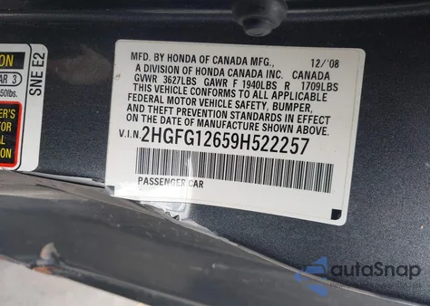 2009 Honda Civic Lx from USA, damaged, VIN 2HGFG12659H522257